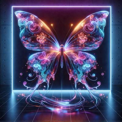 The primary subject of the image is a large, colorful butterfly. The butterfly is displayed in a neon-colored, digital art style, giving it a vibrant and luminous appearance. The setting is a black background, which contrasts with the butterfly's vivid colors. The visual style of the image is a combination of digital art and illustration, creating a unique and eye-catching representation of the butterfly. The colors and mood of the image are predominantly